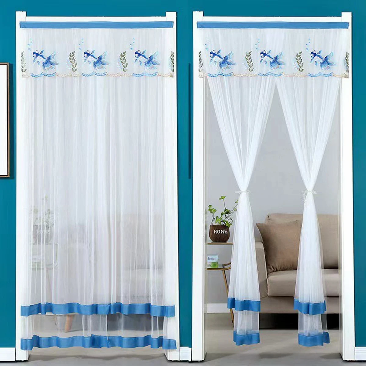Double Layer Lace Embroidered Door Curtain blue & white colour